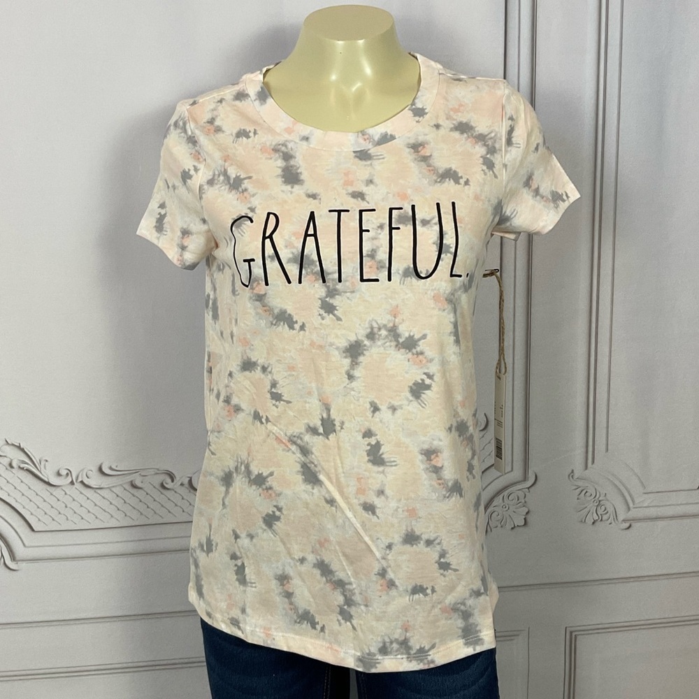Rae Dunn (Artist) Grateful Pink & Grey Tie Dye Short Sleeve Shirt NWT XS